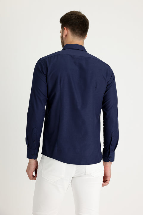Koyu Lacivert Uzun Kol Slim Fit Dar Kesim Klasik Desenli Pamuklu Kolay Ütülenebilir Gömlek