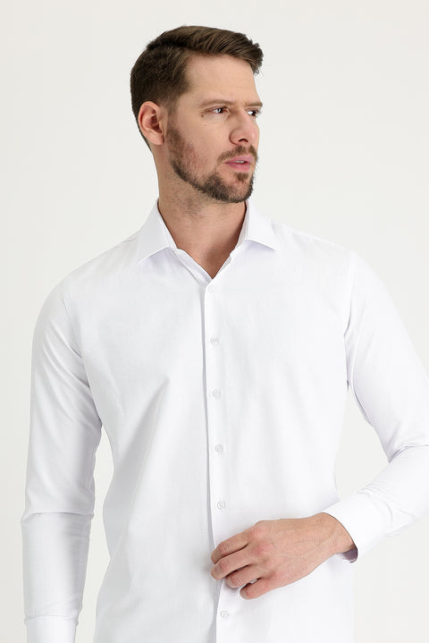 Beyaz Uzun Kol Slim Fit Dar Kesim Klasik Desenli Pamuklu Kolay Ütülenebilir Gömlek