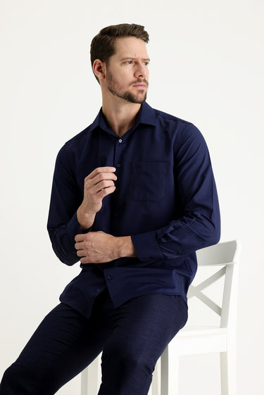 Orta Lacivert Uzun Kol Klasik Desenli Pamuklu Gömlek