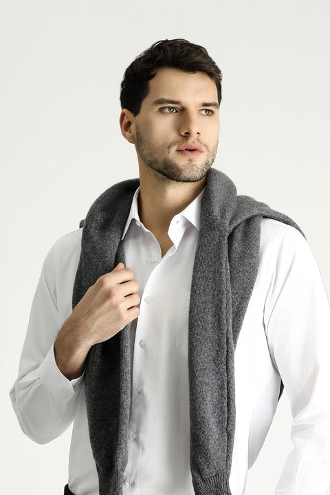 Beyaz Uzun Kol Klasik Desenli Pamuklu Gömlek