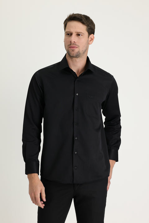 Siyah Uzun Kol Klasik Desenli Pamuklu Kolay Ütülenebilir Gömlek