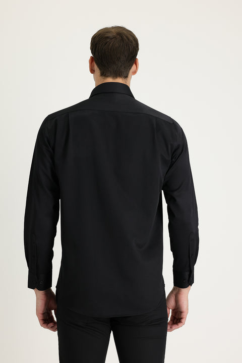 Siyah Uzun Kol Klasik Desenli Pamuklu Kolay Ütülenebilir Gömlek