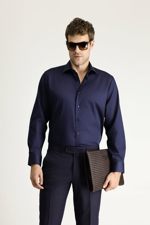 Koyu Lacivert Uzun Kol Klasik Su İtici Leke Tutmaz 4 Mevsim Pamuk Gömlek