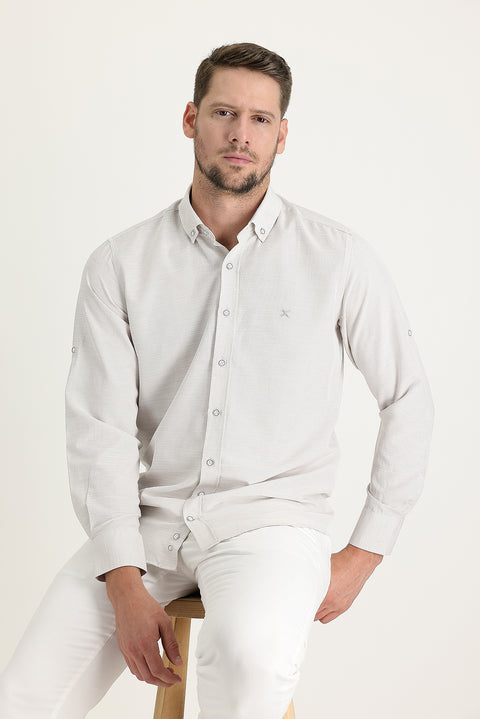 Açık Bej Uzun Kol Relaxed Fit Rahat Kesim Keten Görünümlü Gömlek