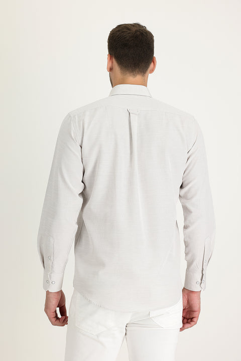 Açık Bej Uzun Kol Relaxed Fit Rahat Kesim Keten Görünümlü Gömlek
