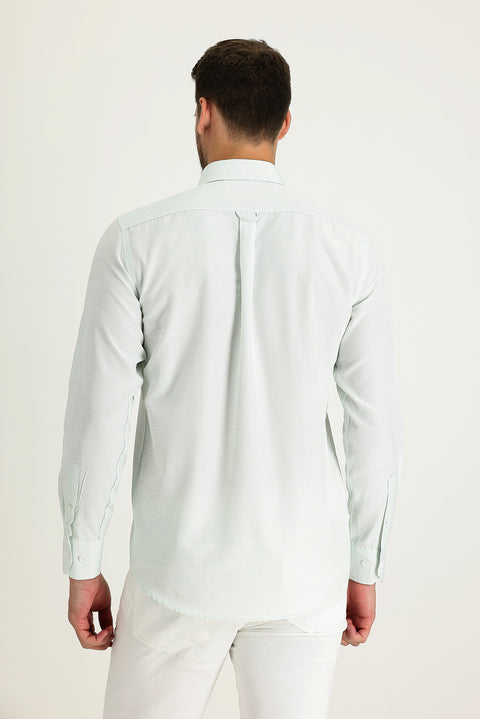 Su Yeşili Uzun Kol Relaxed Fit Rahat Kesim Keten Görünümlü Gömlek