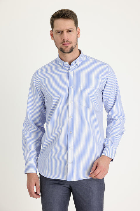 Light Blue Long Sleeve Regular Fit Striped Cotton Shirt