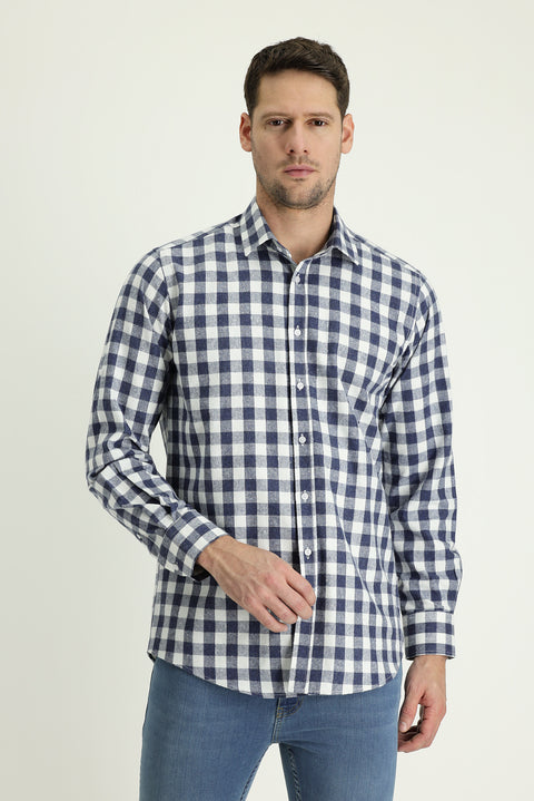 Medium Navy Long Sleeve Relaxed Fit Oversize Plaid Cotton Shirt