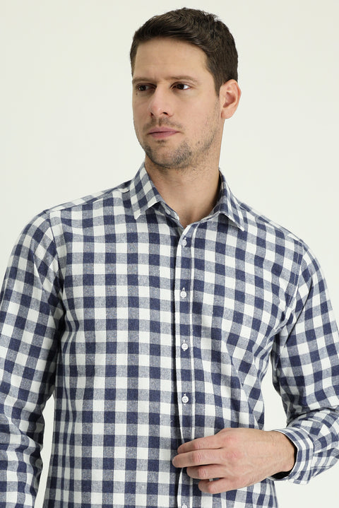 Medium Navy Long Sleeve Relaxed Fit Oversize Plaid Cotton Shirt