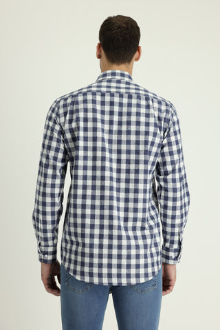  Orta Lacivert Uzun Kol Relaxed Fit Rahat Kesim Oversize Ekose Pamuk Gömlek