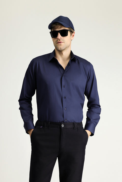 Koyu Lacivert Uzun Kol Slim Fit Dar Kesim Klasik Su İtici Leke Tutmaz 4 Mevsim Pamuk Gömlek