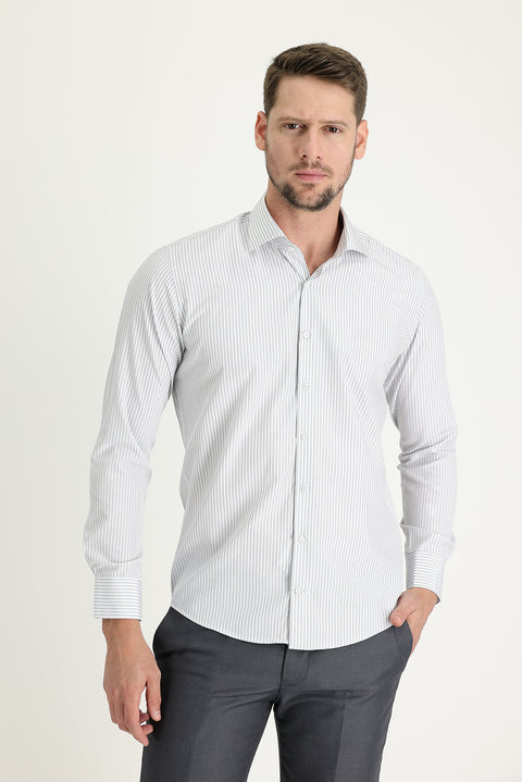 Açık Gri Uzun Kol Slim Fit Dar Kesim Klasik Çizgili Gömlek