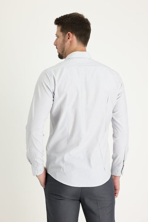 Açık Gri Uzun Kol Slim Fit Dar Kesim Klasik Çizgili Gömlek