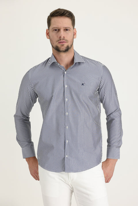 Orta Lacivert Uzun Kol Slim Fit Dar Kesim Klasik Çizgili Pamuklu Gömlek
