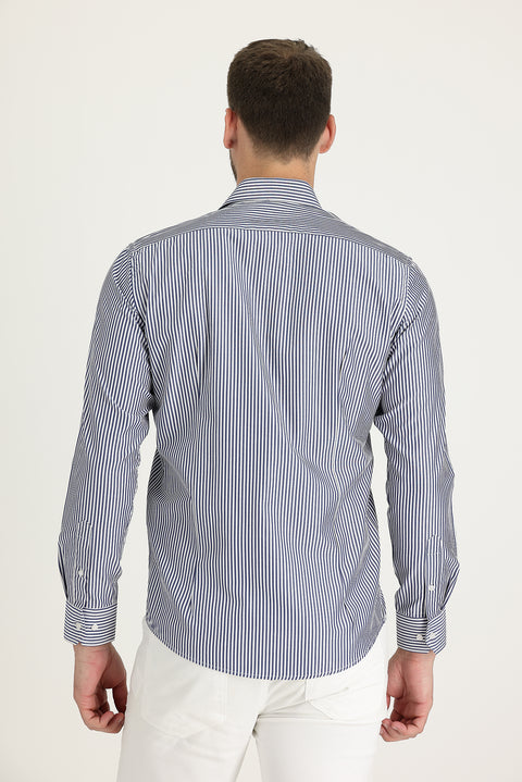 Orta Lacivert Uzun Kol Slim Fit Dar Kesim Klasik Çizgili Pamuklu Gömlek