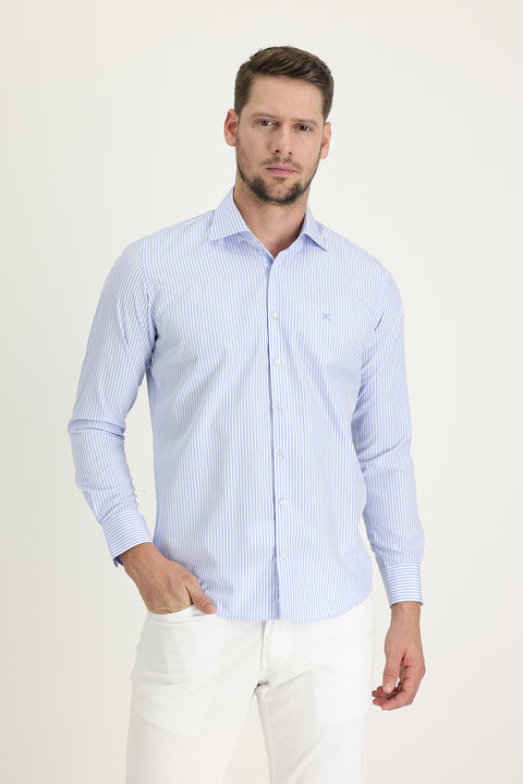Açık Mavi Uzun Kol Slim Fit Dar Kesim Klasik Çizgili Gömlek