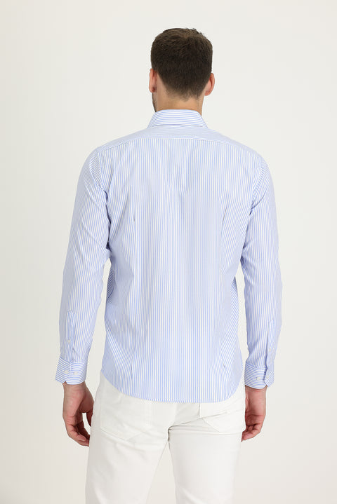 Açık Mavi Uzun Kol Slim Fit Dar Kesim Klasik Çizgili Gömlek