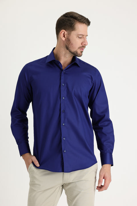 Orta Lacivert Uzun Kol Non Iron Klasik Pamuklu Gömlek
