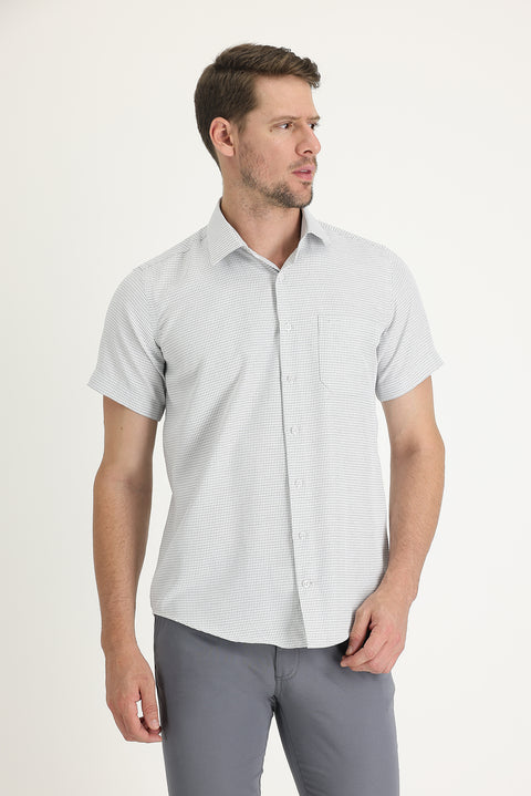 Orta Gri Kısa Kol Regular Fit Desenli Gömlek