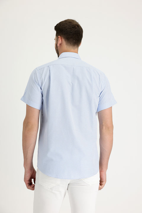 Açık Mavi Kısa Kol Regular Fit Ekose Pamuklu Kolay Ütülenebilir Gömlek