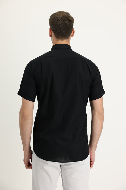 Siyah Kısa Kol Regular Fit Pamuk Gömlek