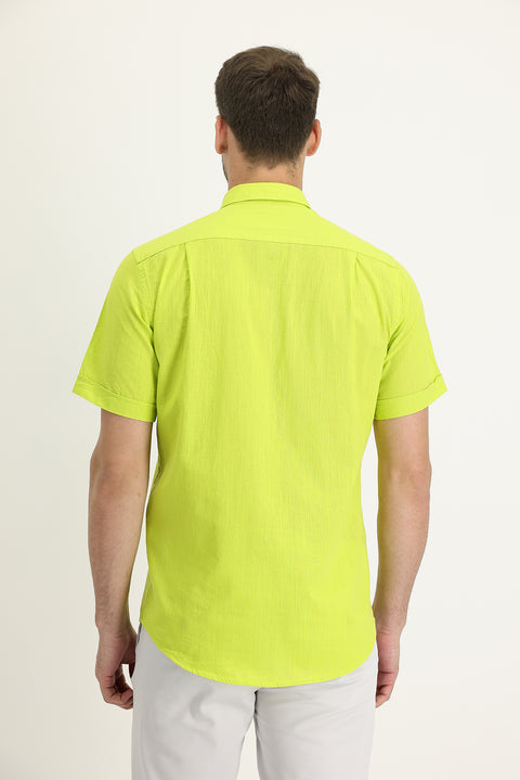 Fıstık Yeşili Kısa Kol Regular Fit Pamuk Gömlek