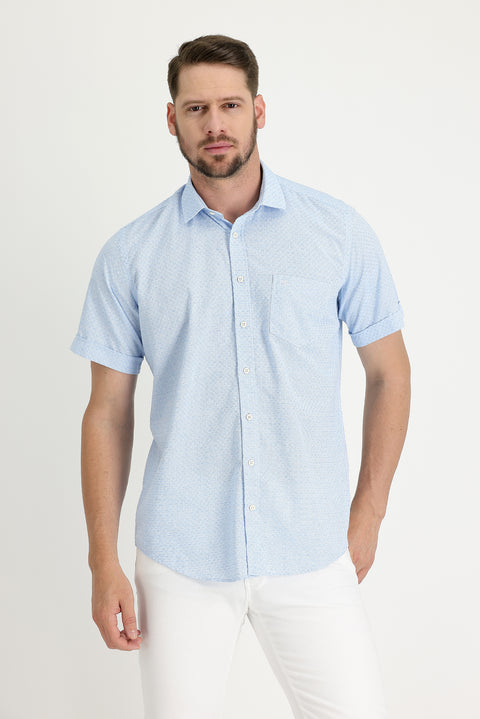 Aqua Mavisi Kısa Kol Regular Fit Desenli Gömlek