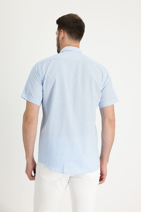 Aqua Mavisi Kısa Kol Regular Fit Desenli Gömlek