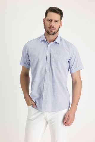  Saks Mavi Kısa Kol Regular Fit Desenli Pamuklu Gömlek