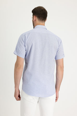  Saks Mavi Kısa Kol Regular Fit Desenli Pamuklu Gömlek
