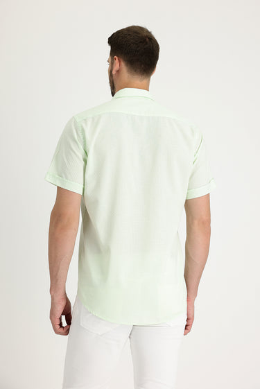 Mint Yeşili Kısa Kol Regular Fit Desenli Pamuklu Gömlek
