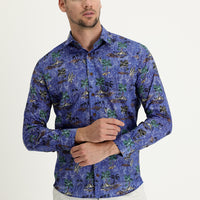 Koyu Mavi  Uzun Kol Baskılı Slim Fit Gömlek