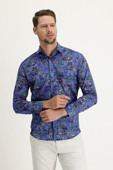  Koyu Mavi  Uzun Kol Baskılı Slim Fit Gömlek