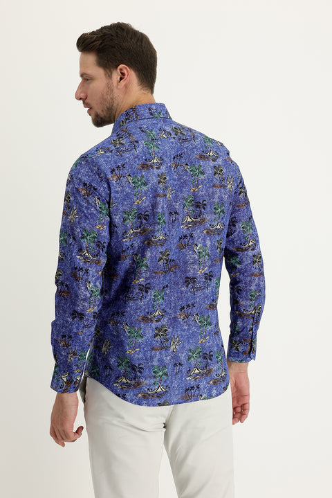Dark Blue Long Sleeve Printed Slim Fit Shirt
