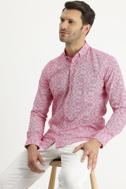 Şeker Pembe Uzun Kol Slim Fit Dar Kesim Baskılı Pamuk Gömlek