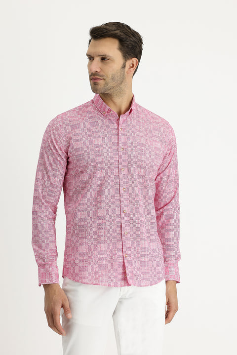Şeker Pembe Uzun Kol Slim Fit Dar Kesim Baskılı Pamuk Gömlek