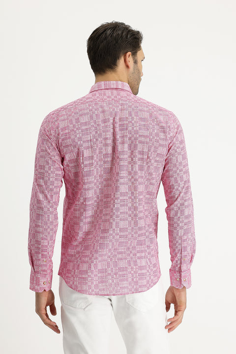 Şeker Pembe Uzun Kol Slim Fit Dar Kesim Baskılı Pamuk Gömlek