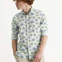 Çimen Yeşili Uzun Kol Baskılı Slim Fit Gömlek