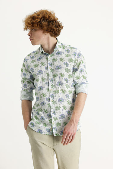  Çimen Yeşili Uzun Kol Baskılı Slim Fit Gömlek