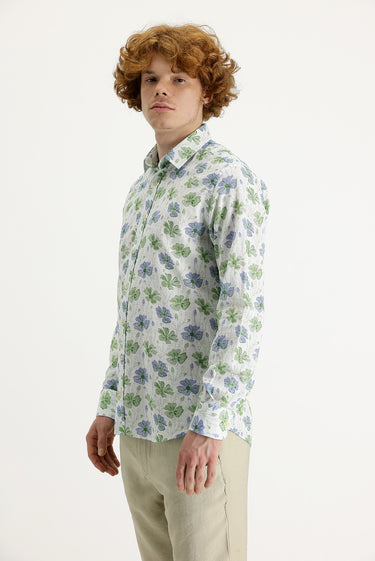  Çimen Yeşili Uzun Kol Baskılı Slim Fit Gömlek