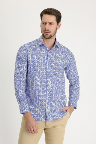  Gök Mavisi Uzun Kol Slim Fit Dar Kesim Baskılı Pamuk Gömlek