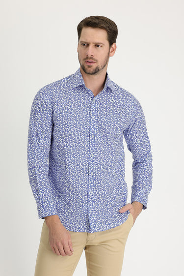 Gök Mavisi Uzun Kol Slim Fit Dar Kesim Baskılı Pamuk Gömlek