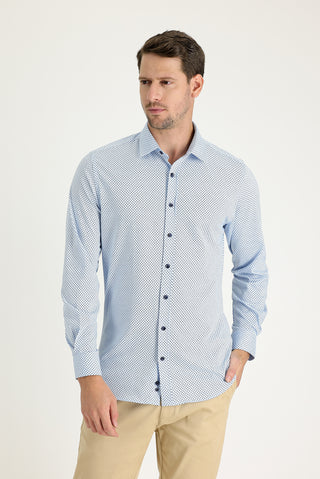  Açık Mavi Uzun Kol Slim Fit Dar Kesim Desenli Pamuk Gömlek