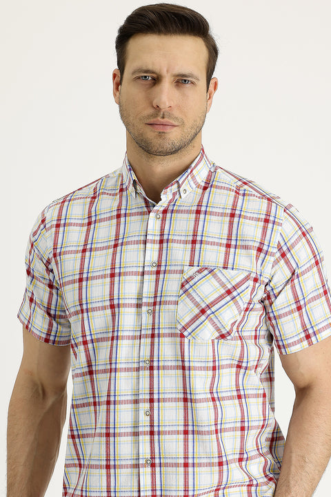 Lemon Yellow Short Sleeve Plaid Cotton Button-Down Collar Shirt