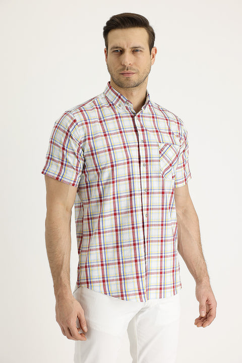 Lemon Yellow Short Sleeve Plaid Cotton Button-Down Collar Shirt
