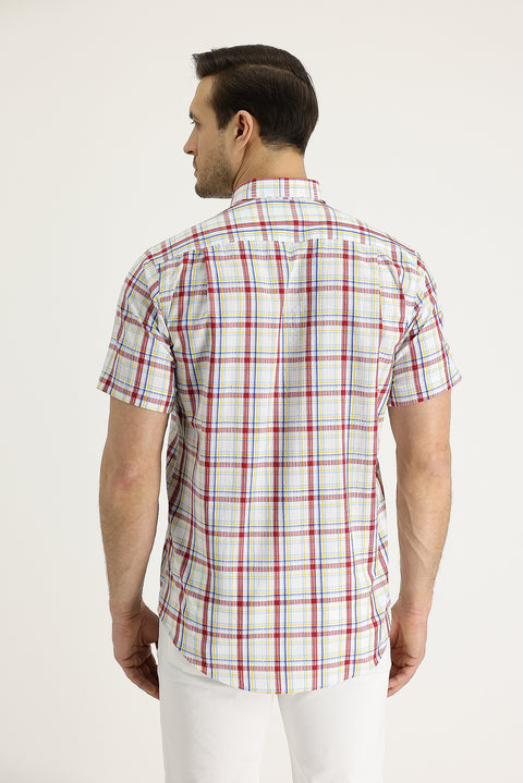 Lemon Yellow Short Sleeve Plaid Cotton Button-Down Collar Shirt