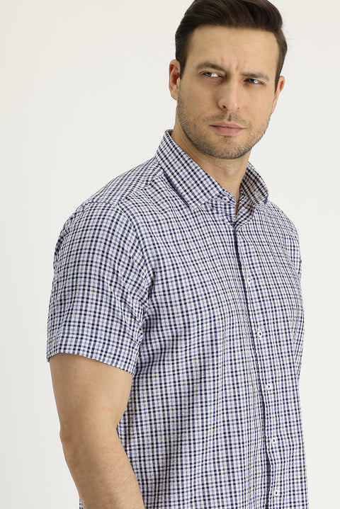 Koyu Lacivert Kısa Kol Ekose Gömlek