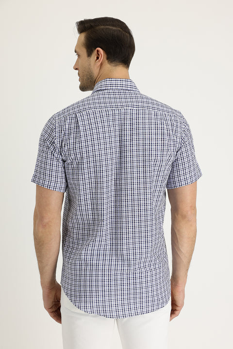 Koyu Lacivert Kısa Kol Ekose Gömlek