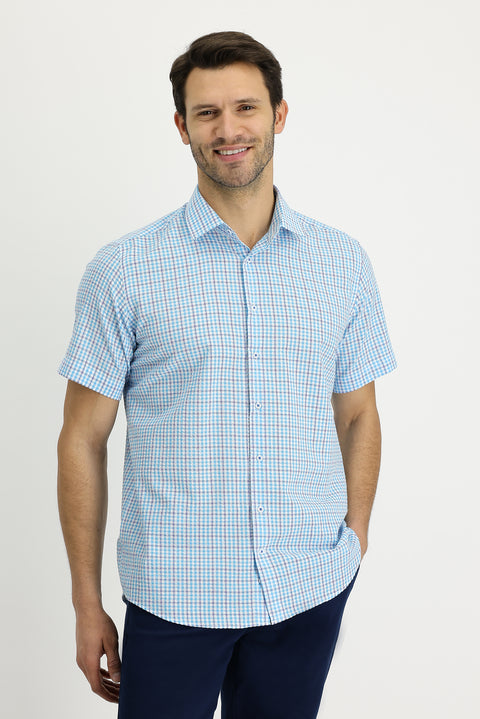 Su Mavisi Kısa Kol Ekose Pamuklu Gömlek