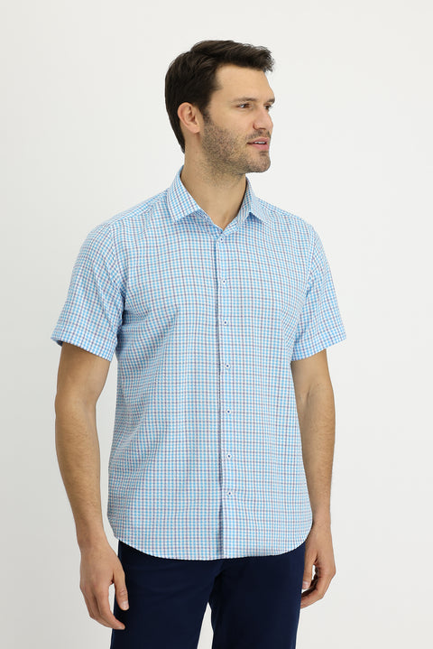 Su Mavisi Kısa Kol Ekose Pamuklu Gömlek